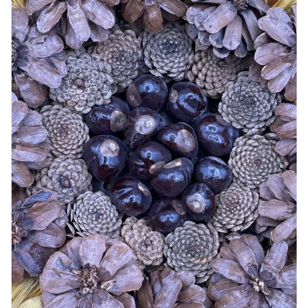 Corn Husk Sunflower Shaped Wreath Hanging Decor Pine Cones Buckeye Nuts 16